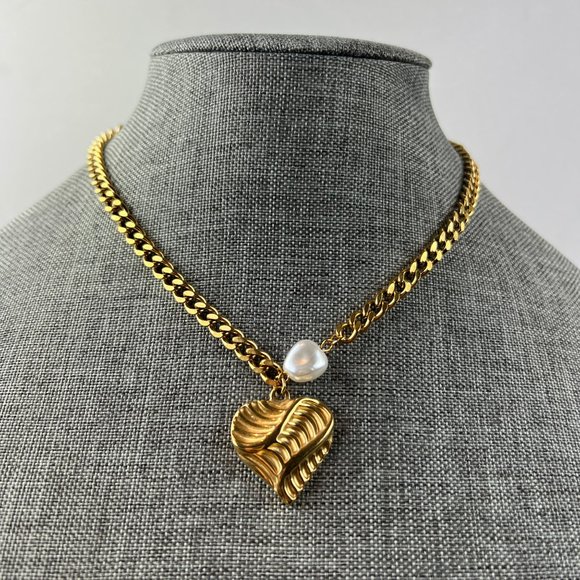 Heart Pearl Chunky Choker Necklace for Women Gold Statement Necklace Thick Chain - Picture 7 of 7